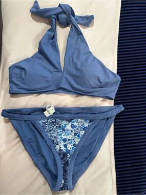 aerie Two-Piece Blue Floral Halter Bikini
